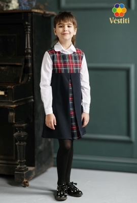 Sarafan trapezat, carou roșu/albastru